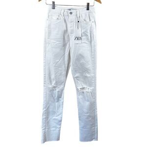 Zara Slim Flare Distressed Knee Jeans in White